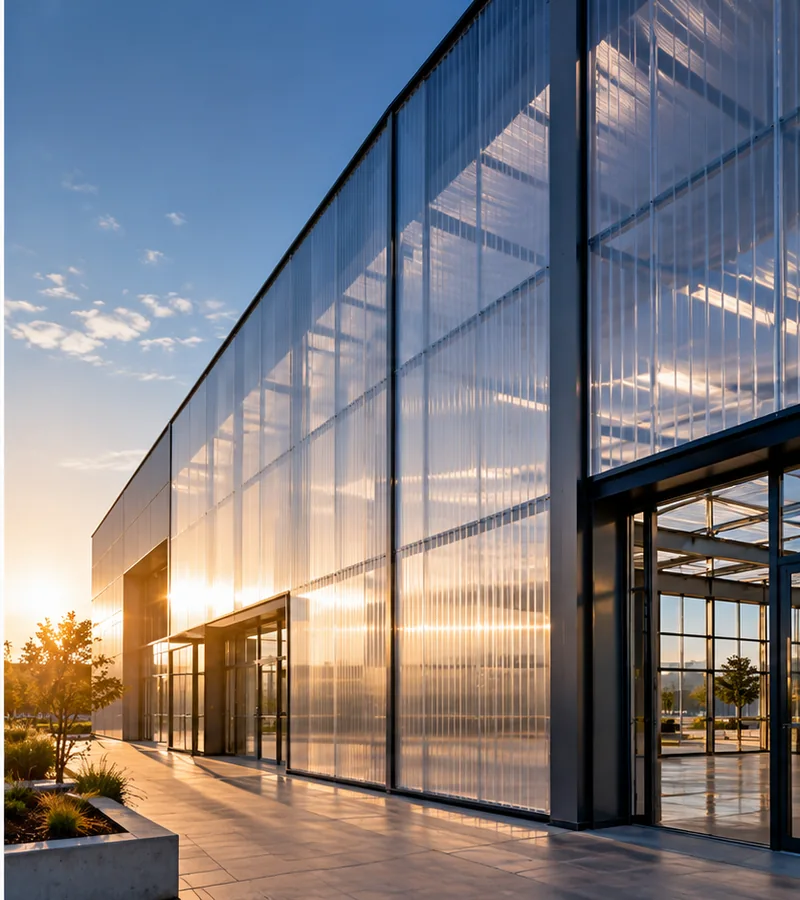 Illustrative translucent architectural facade at sunset
