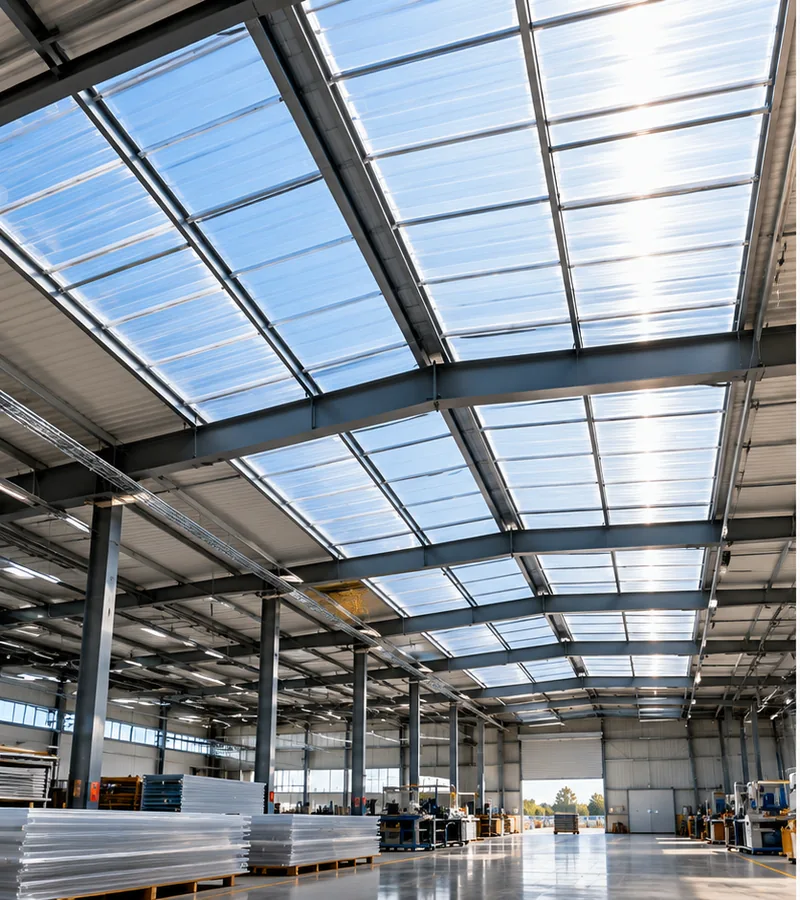 Illustrative industrial building with long translucent skylights