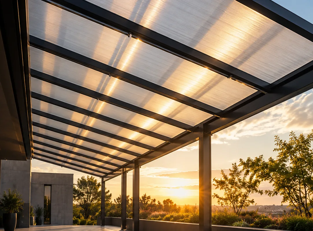 Illustrative modern patio canopy with translucent roofing
